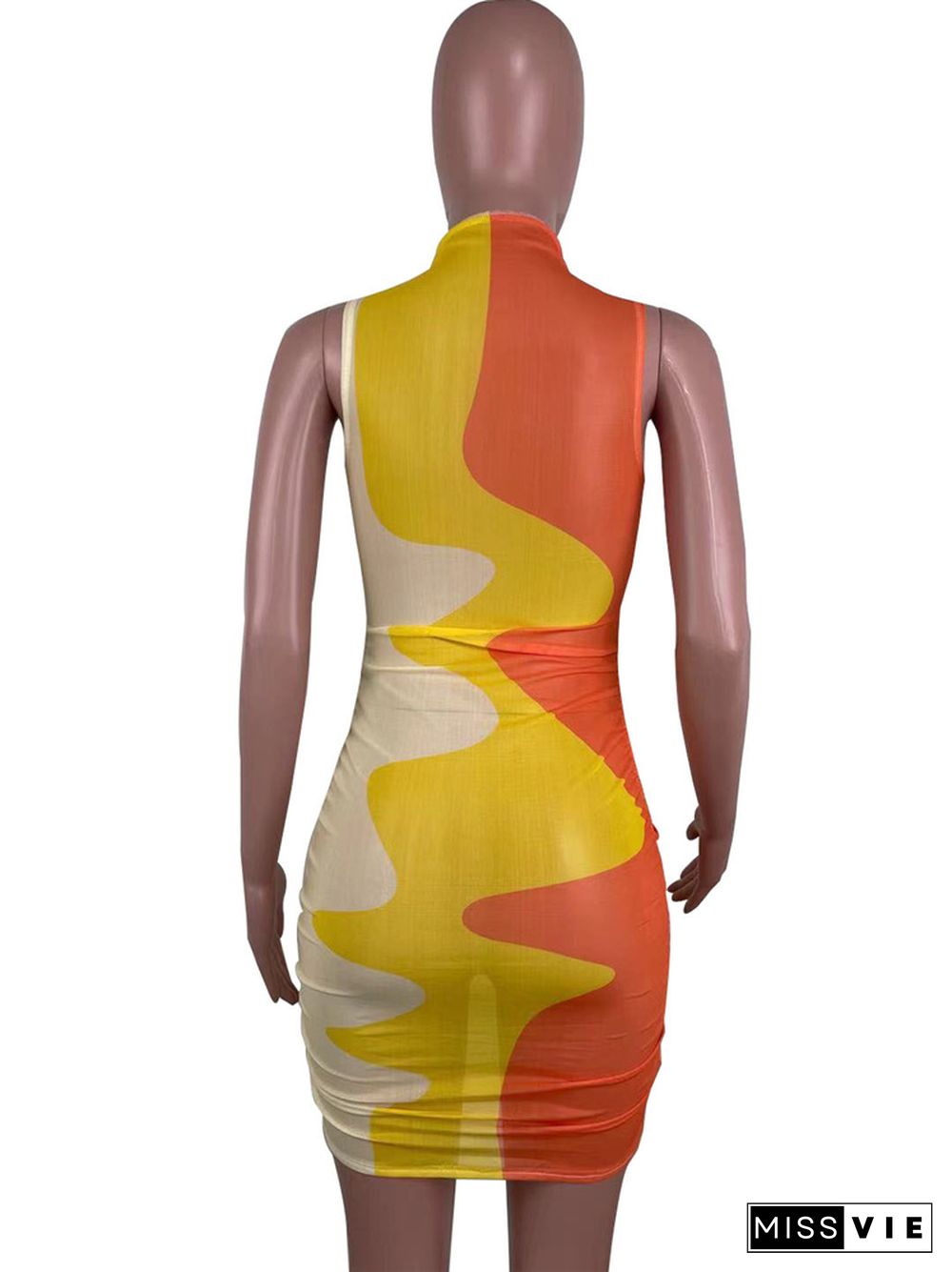 Mesh Print O-neck Sleeveless Ruched Bodycon Dress