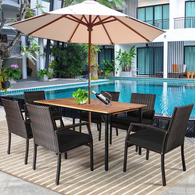 7 Pcs Rattan Patio Dining Set with Umbrella Hole, Acacia Wood Tabletop, Cushioned Chairs