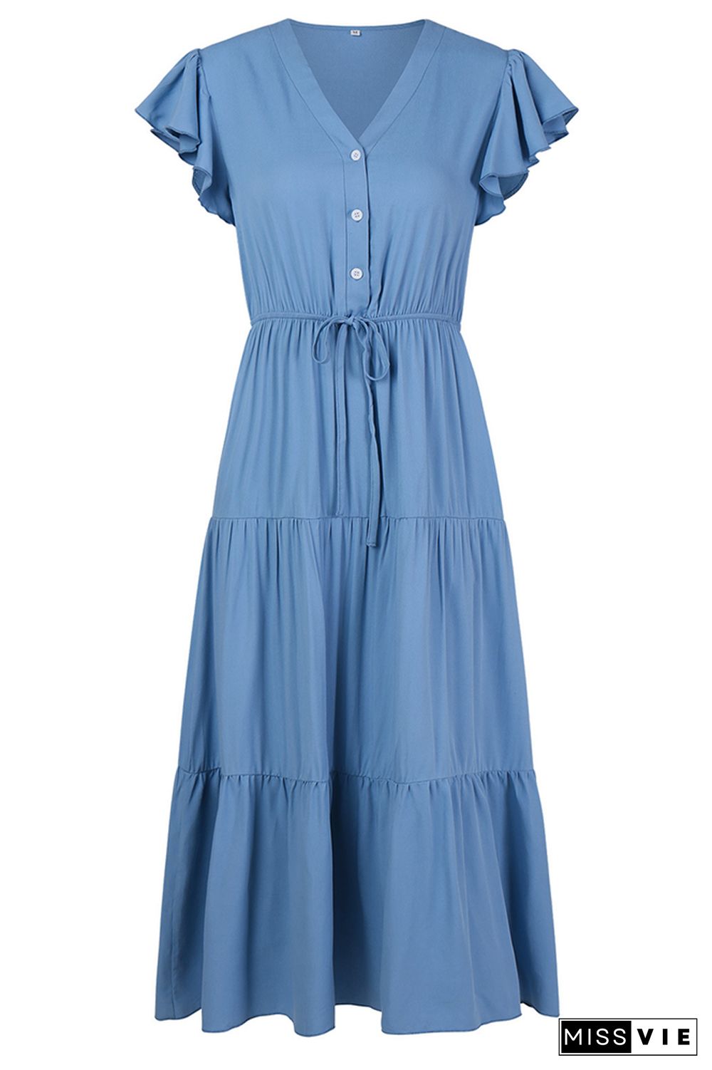 Solid Color Ruffles Short Sleeve Midi Dress Wholesale