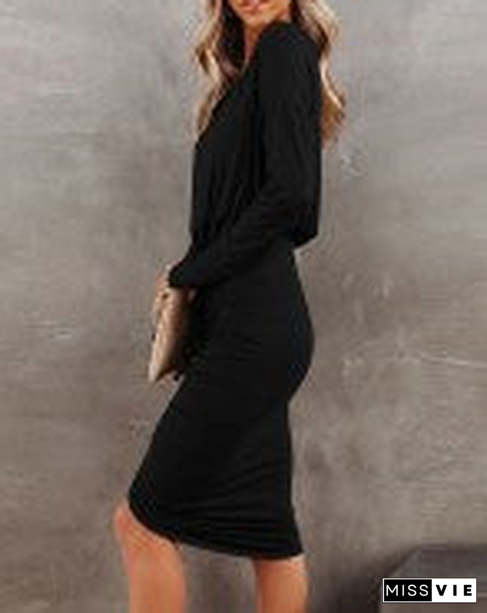 Drop Shoulder Long Sleeve Ruched Skinny Dress Black Dresses