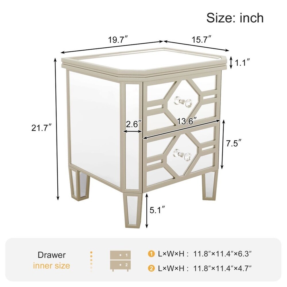 Silver Elegant Mirrored 2 Drawer Side Table with Golden Lines