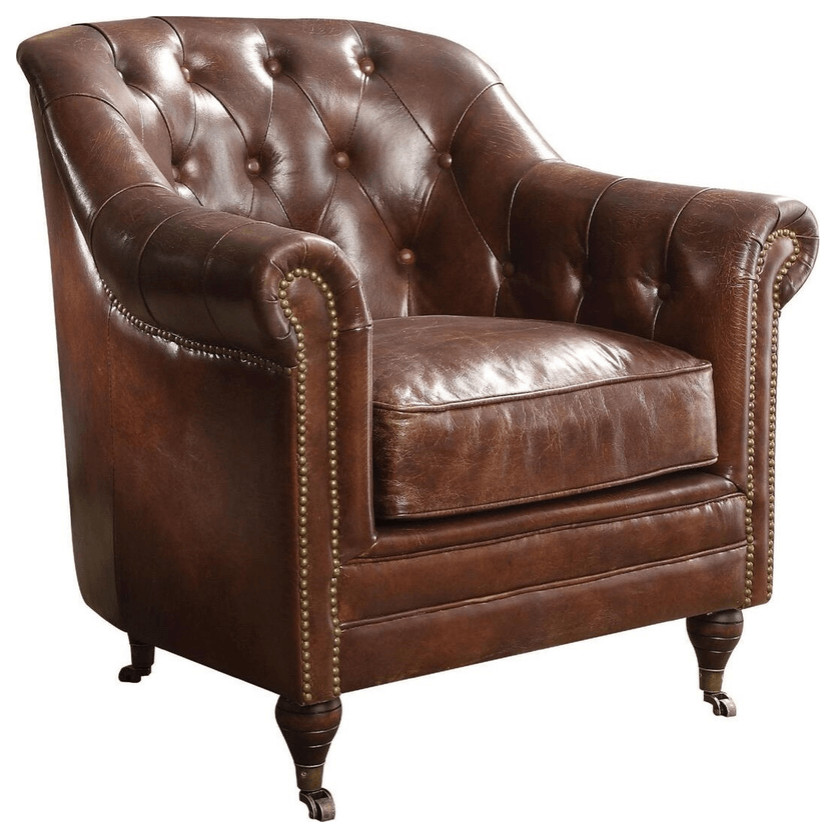 34 quotTop Grain Leather And Brown Tufted Chesterfield Chair   Armchairs And Accent Chairs   by HomeRoots  Houzz