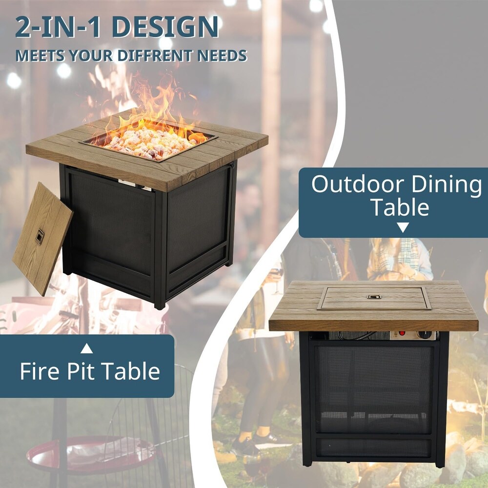 30 Inch Fire Pit Table  Propane Firepit Outdoor Gas Fire Pits Clearance  50 000 BTU with Woodgrain Tabletop  Lid  Lava Rocks