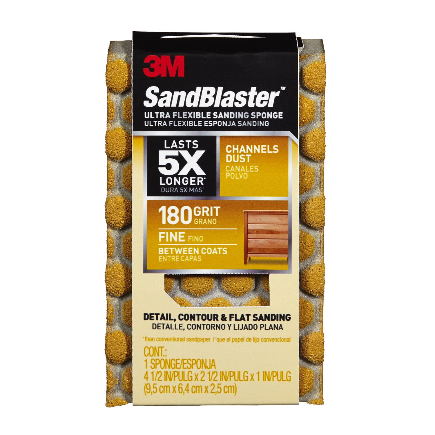 3M 4-1/2 in. L X 2-1/2 in. W X 1 in. 180 Grit Fine Flat Surface Dust Channeling Sanding Sponge