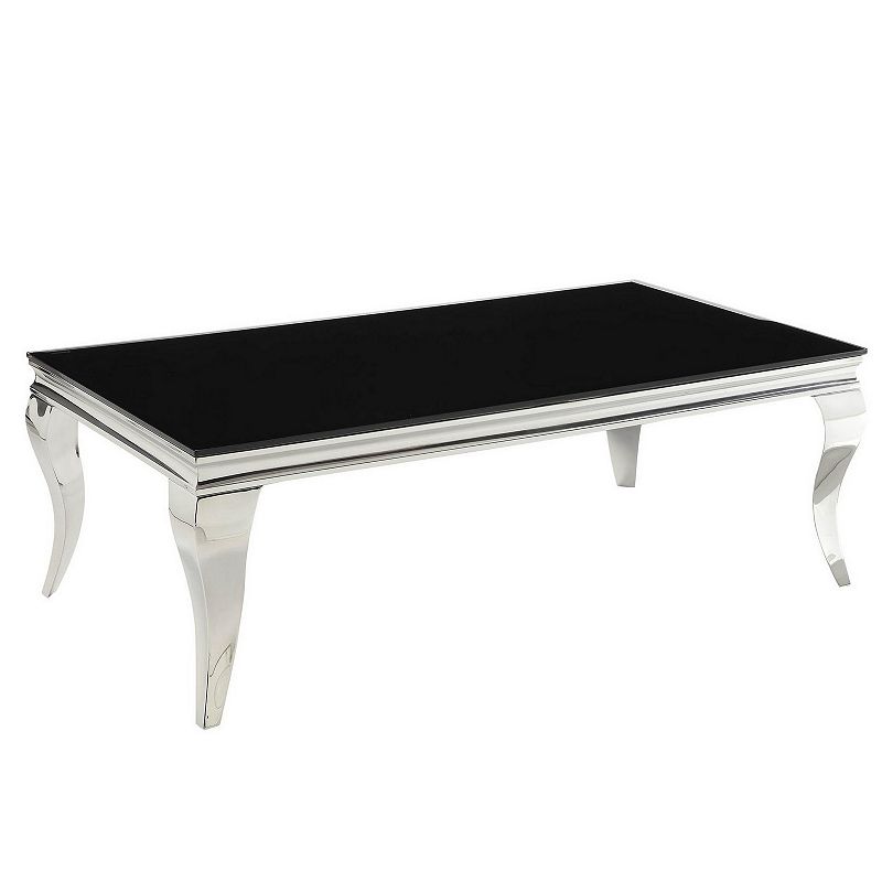 Modern Metal Frame Coffee Table with Beveled Glass Top， Black and Silver