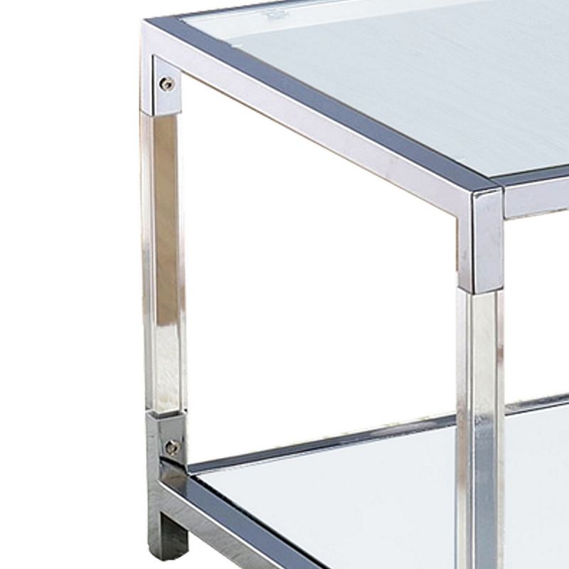 Glass Top Metal Coffee Table with Open Bottom Shelf， Silver and Clear