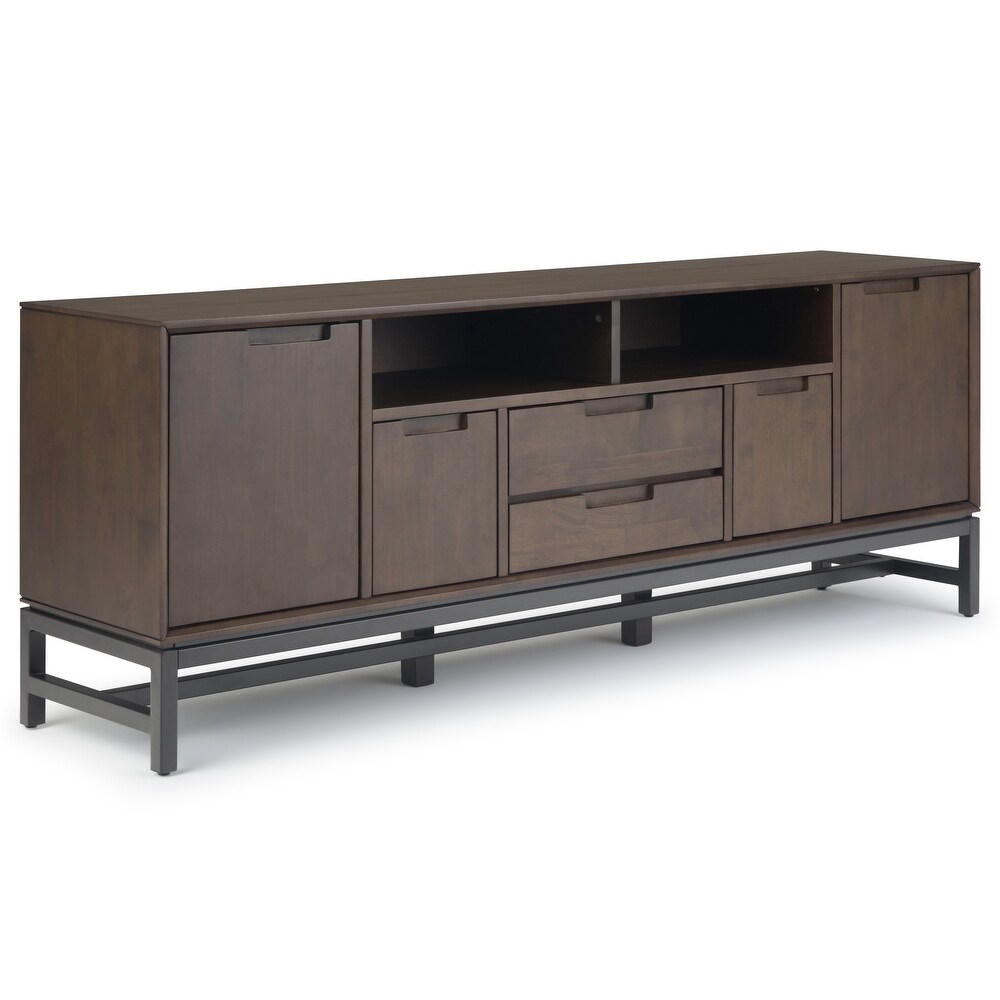 WYNDENHALL Devlin SOLID HARDWOOD 72 inch Wide Industrial TV Media Stand in Walnut Brown For TVs up to 80 inches