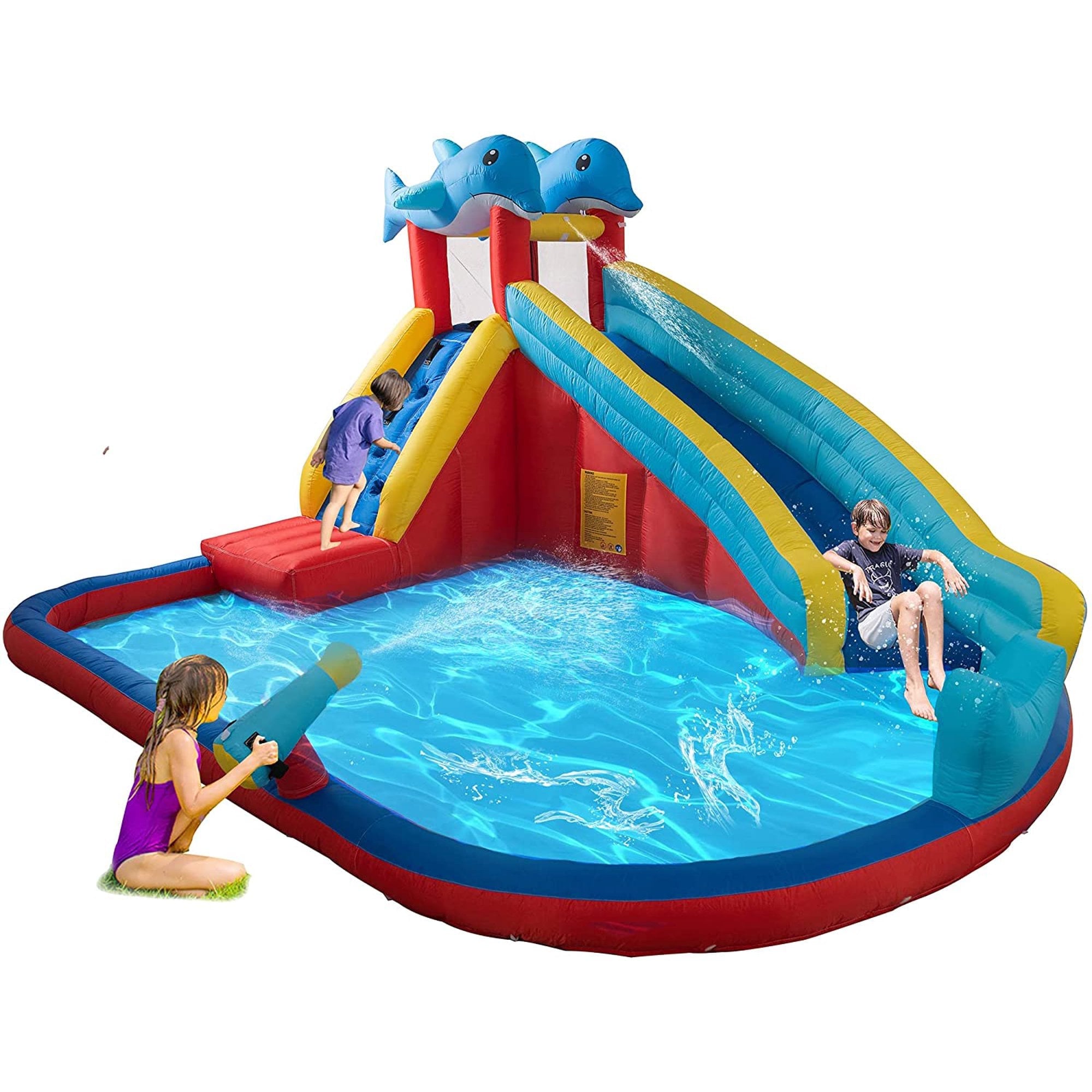 Inflatable Water Slide Park Bounce House for Kids, Climbing Wall & Splash Pool & Water Gun, Outdoor Backyard Waterslide for Girl & Boy (with 450W Air Blower)