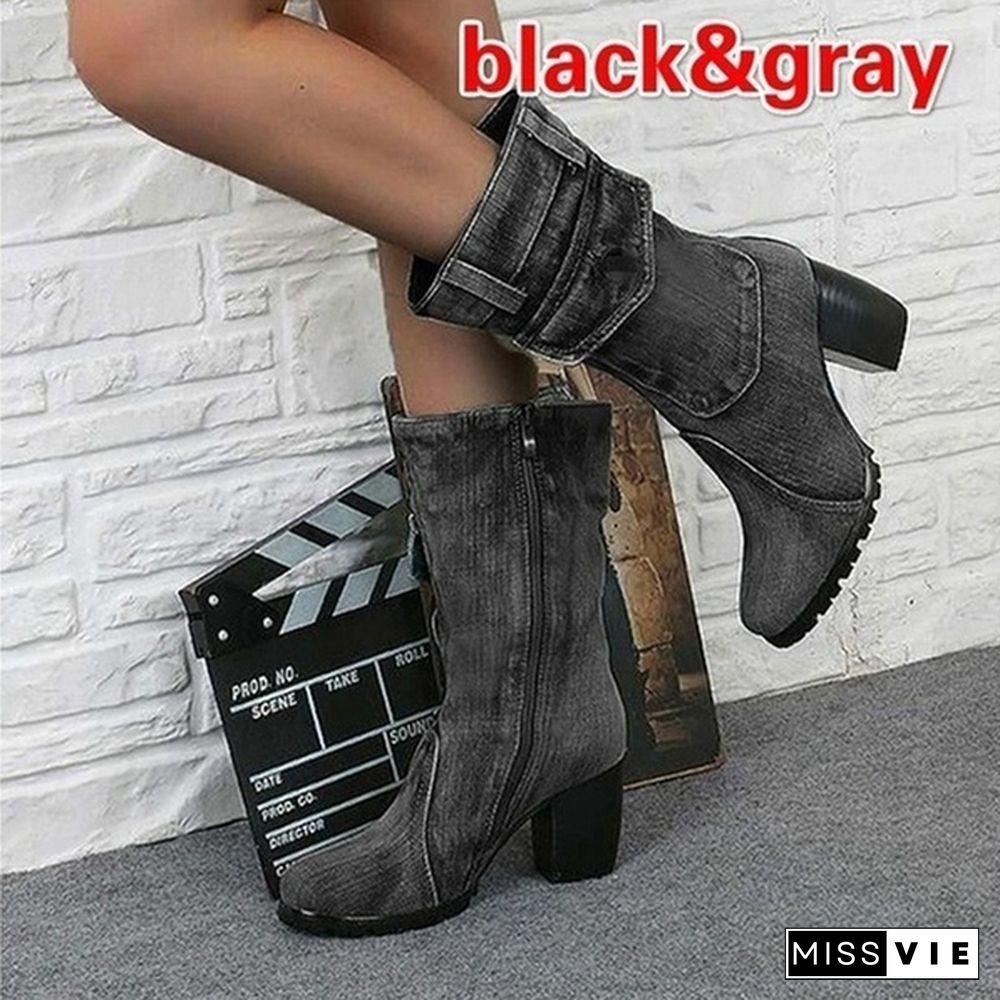 New Fashion Women's Denim Boots Chunky High Heel Mid Calf Boots Ladies Side Zipper Cowboy Boots