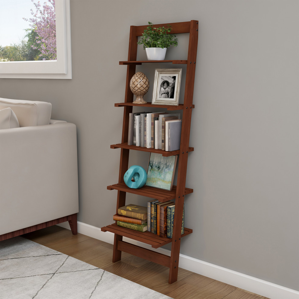 5 Tier Wall Shelf Walnut Finished Wood Book Shelf With Compact Ladder Styling   Transitional   Bookcases   by Trademark Global  Houzz