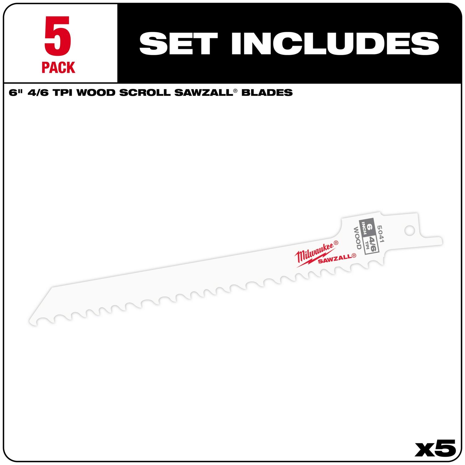 MW SawZall 6 in. Bi-Metal Wood cutting Reciprocating Saw Blade 4/6 TPI 5 pk