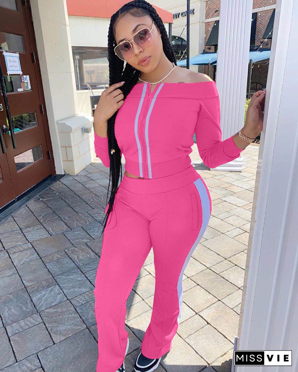 Solid Off Shoulder Zipper Top Side Striped Pants Sport Suit