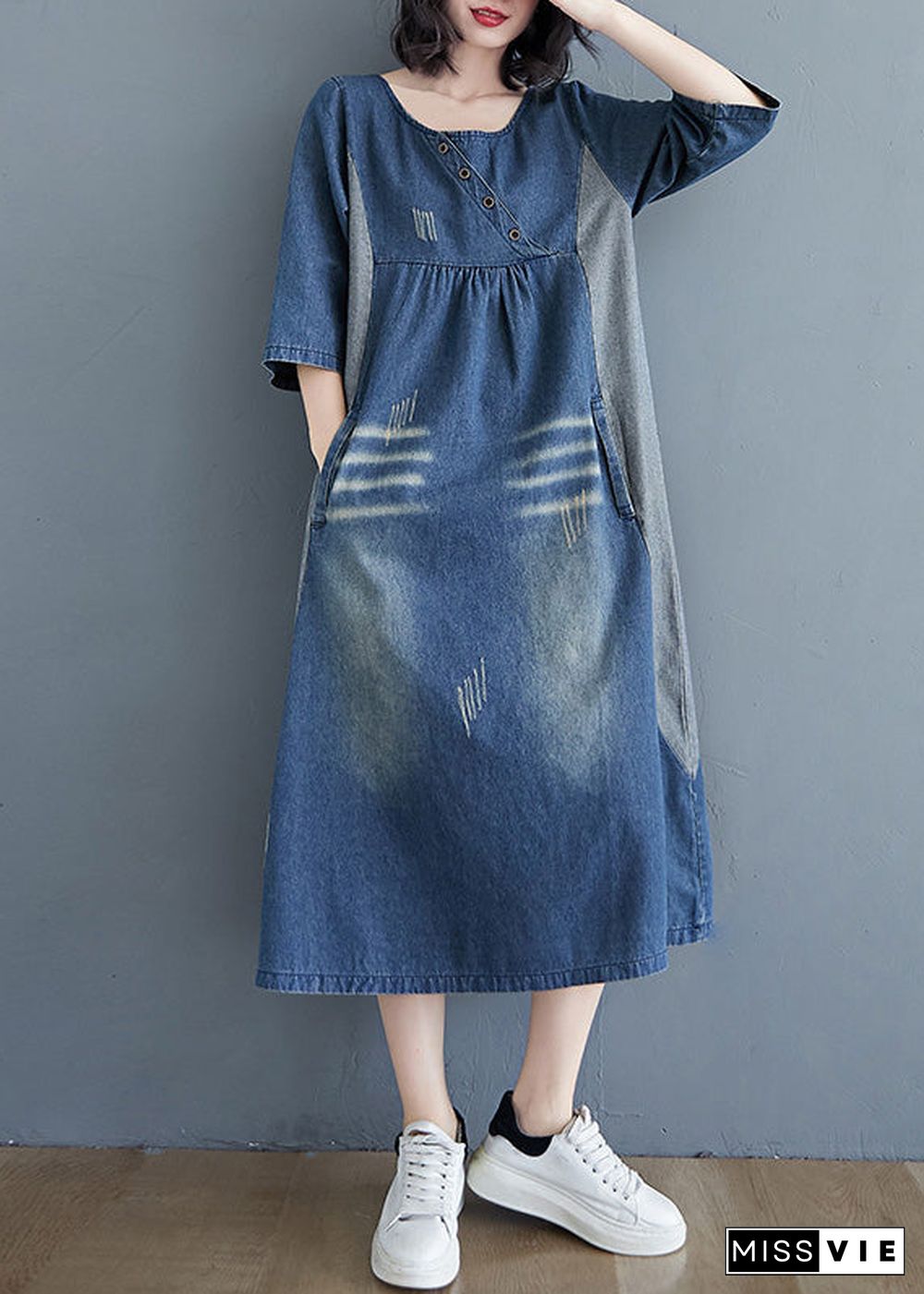 Simple Blue O-Neck Patchwork Wrinkled Denim Long Dress Spring