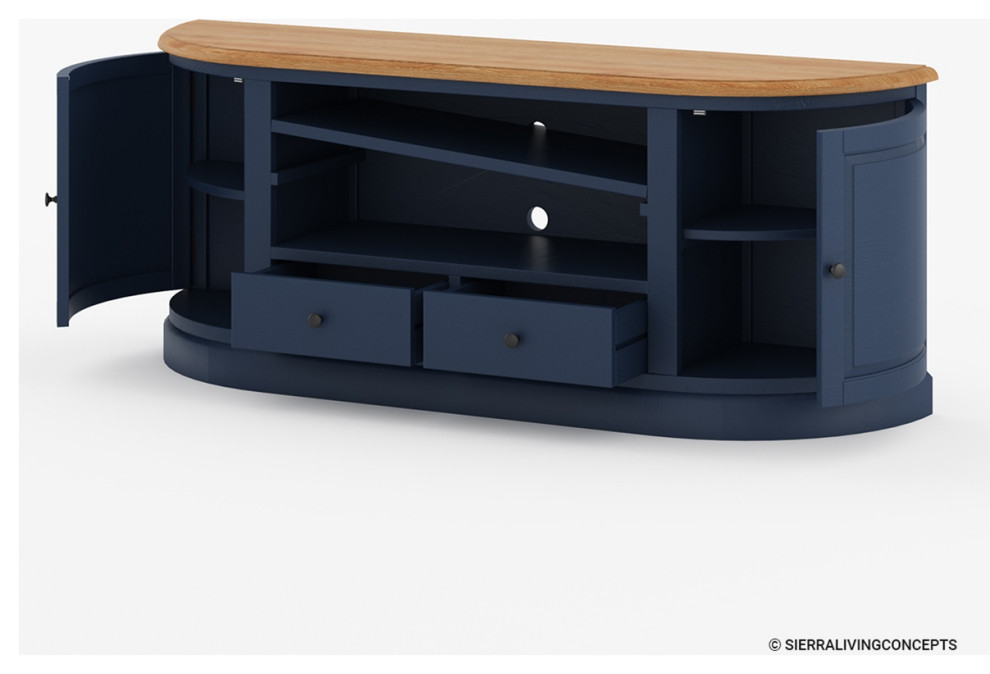 Grinnell Solid Wood Two Tone Curved Blue Media Stand With Storage   Transitional   Entertainment Centers And Tv Stands   by Sierra Living Concepts Inc  Houzz