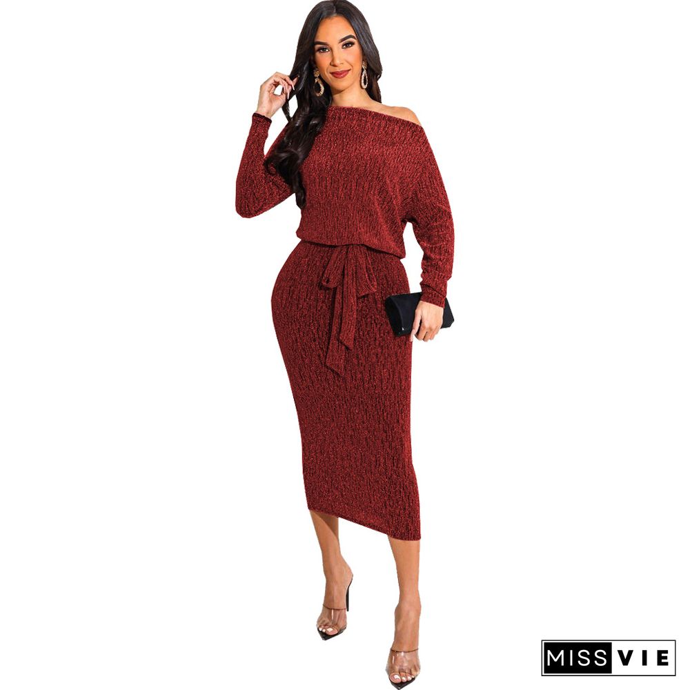 Shiny Robe Long Sleeve Wrap Lace-up Belt Maxi Dress