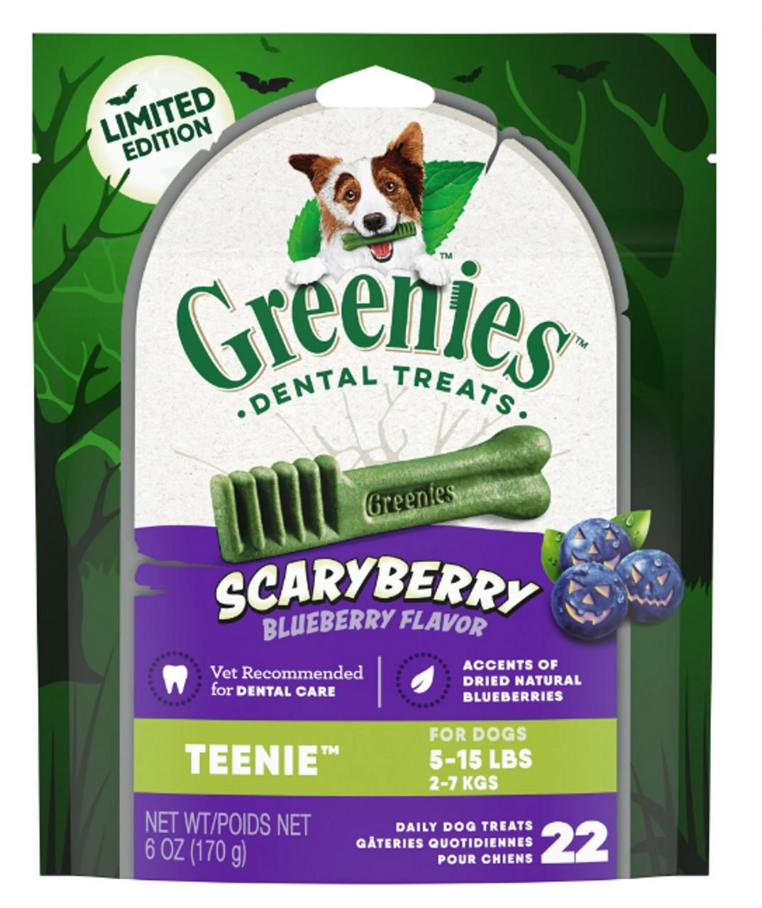 Greenies Scary Berry Blueberry Flavor Dental Chew Dog Treats， 6 oz Teenie Size