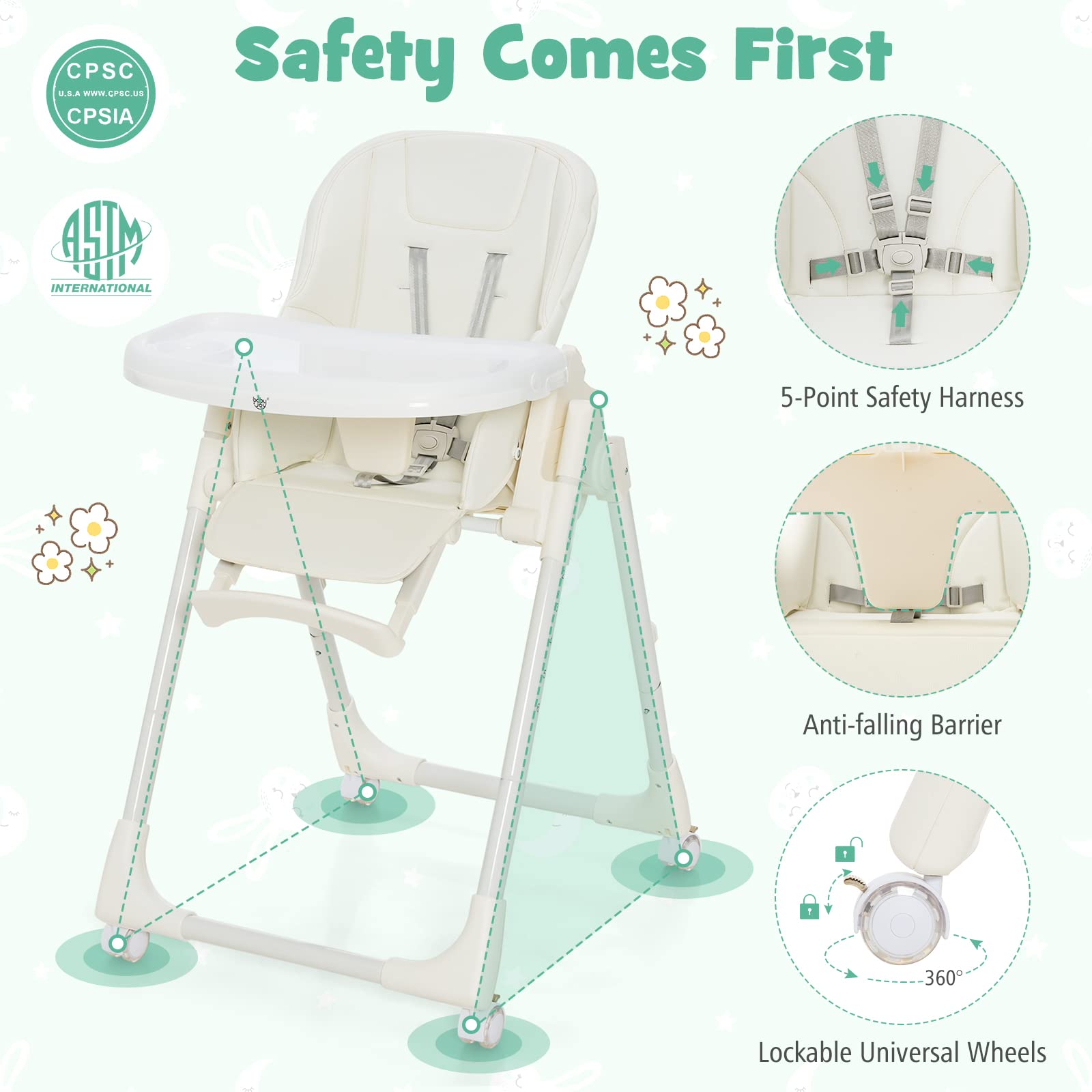 Costzon High Chair for Babies & Toddlers, Foldable Highchair