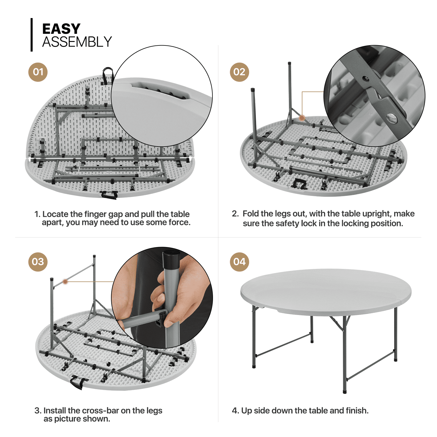 MoNiBloom 5 foot Round Bi-Fold Plastic Table， Metal Frame Indoor Outdoor 60 Inch Foldable Desk for Kitchen Party Wedding， Grey