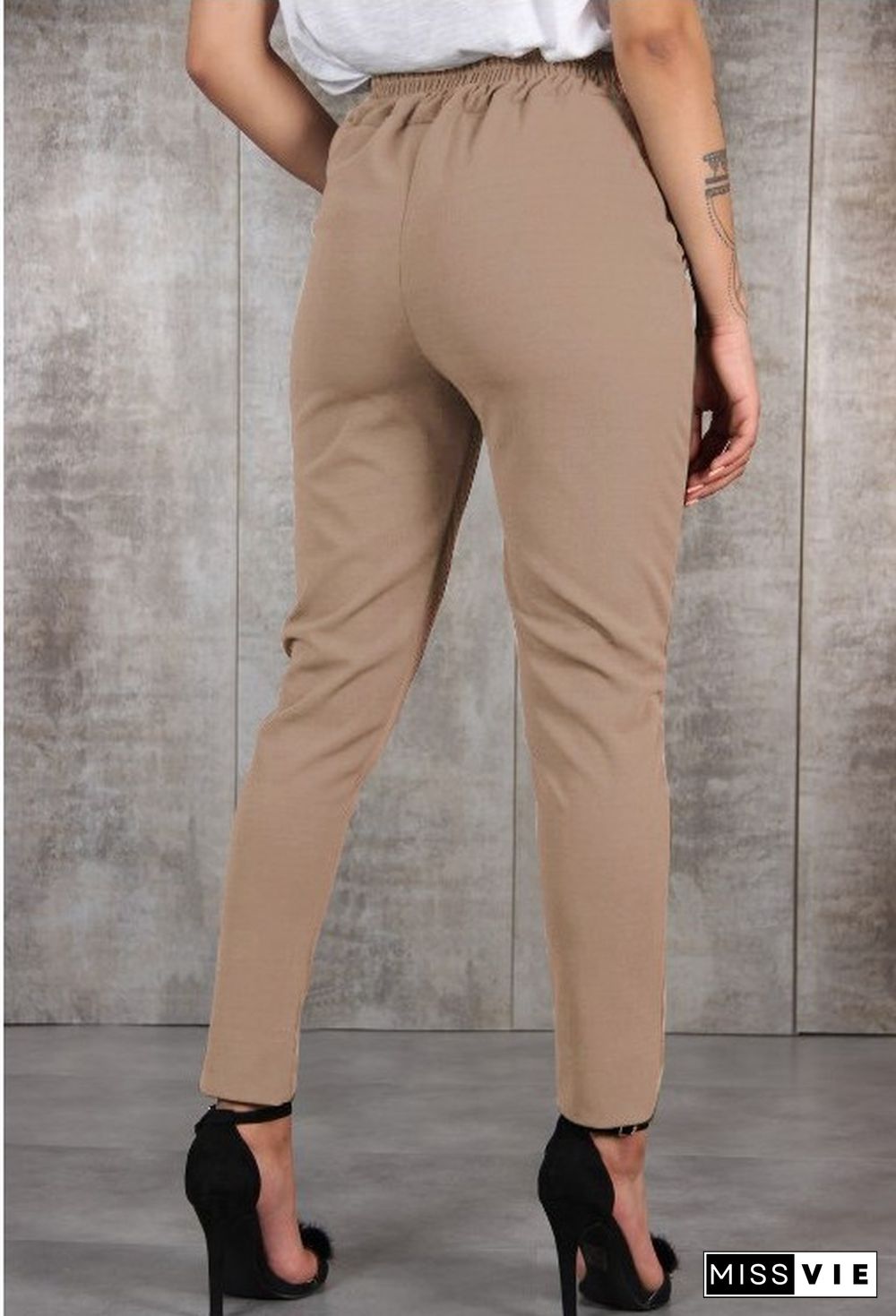 Solid Pocket Design Pencil Pants With Belt P15248