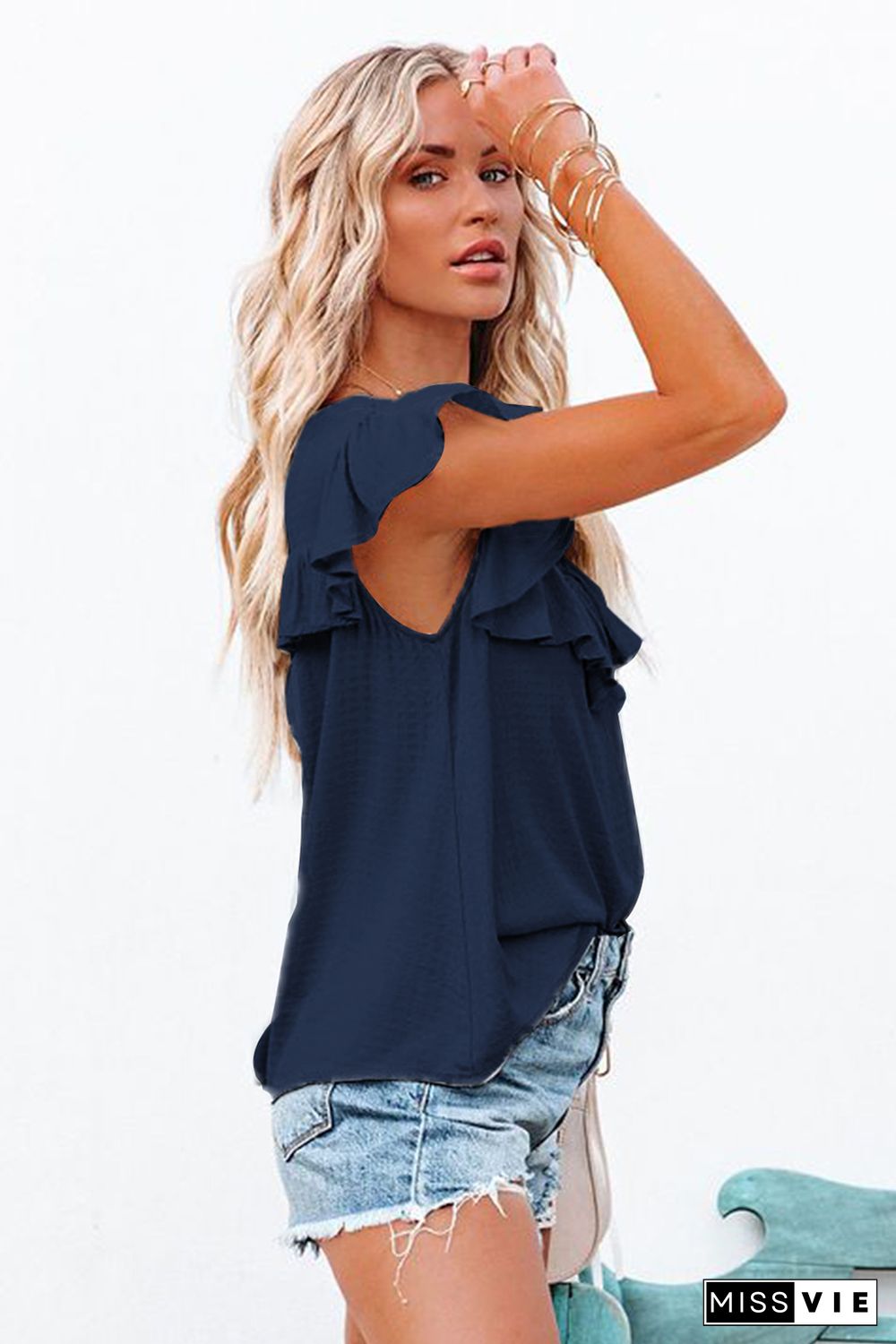 Navy Lace Splicing Ruffled Short Sleeve T-shirt