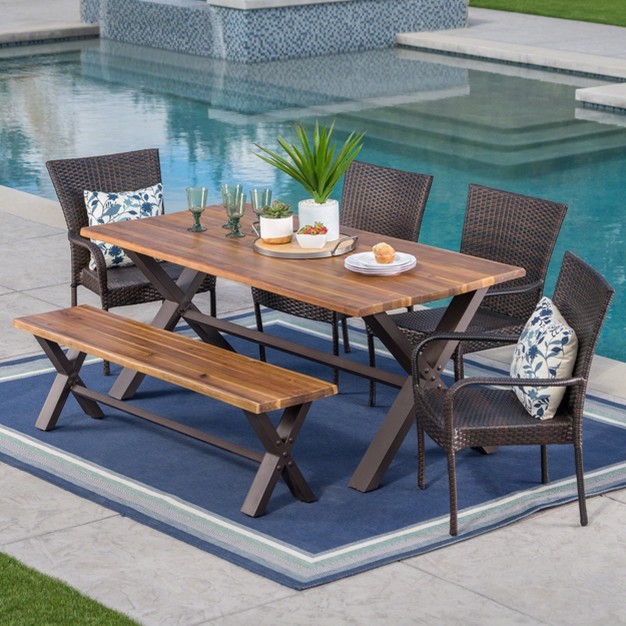 Bullerton 6pc Acacia amp Wicker Dining Set Teak brown Christopher Knight Home