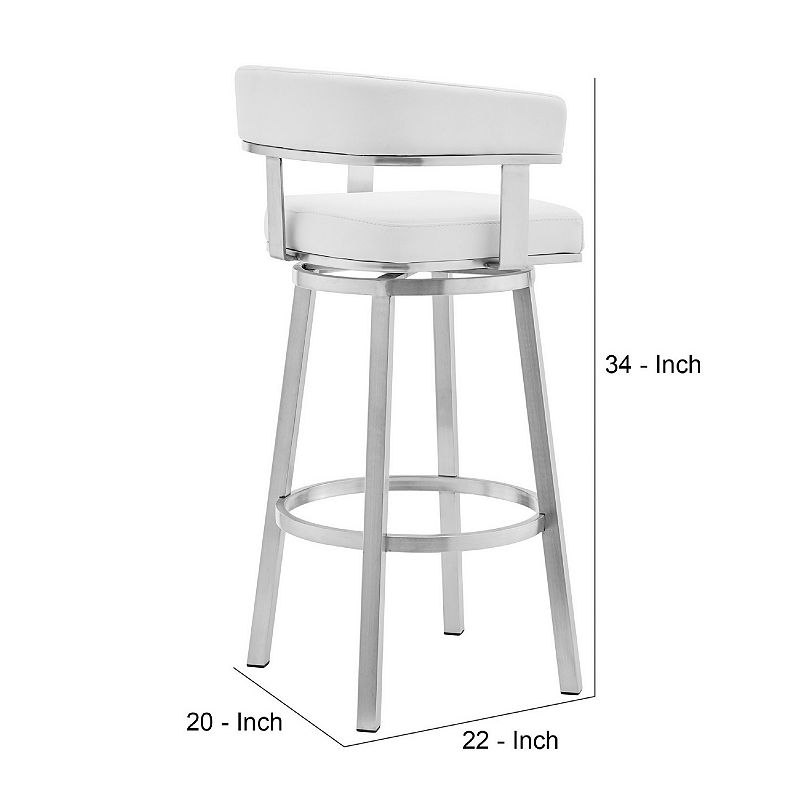 Swivel Barstool with Curved Open Back and Metal Legs， White and Silver