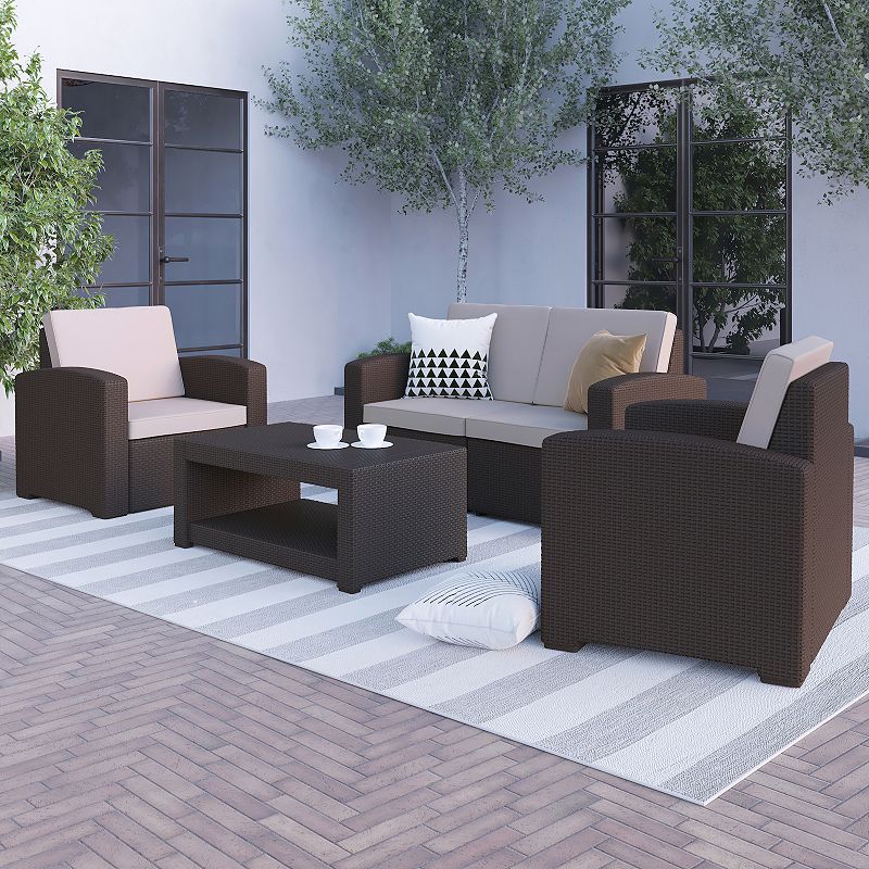 Flash Furniture Outdoor Faux Rattan Chair， Loveseat， and Coffee Table 4-piece Set