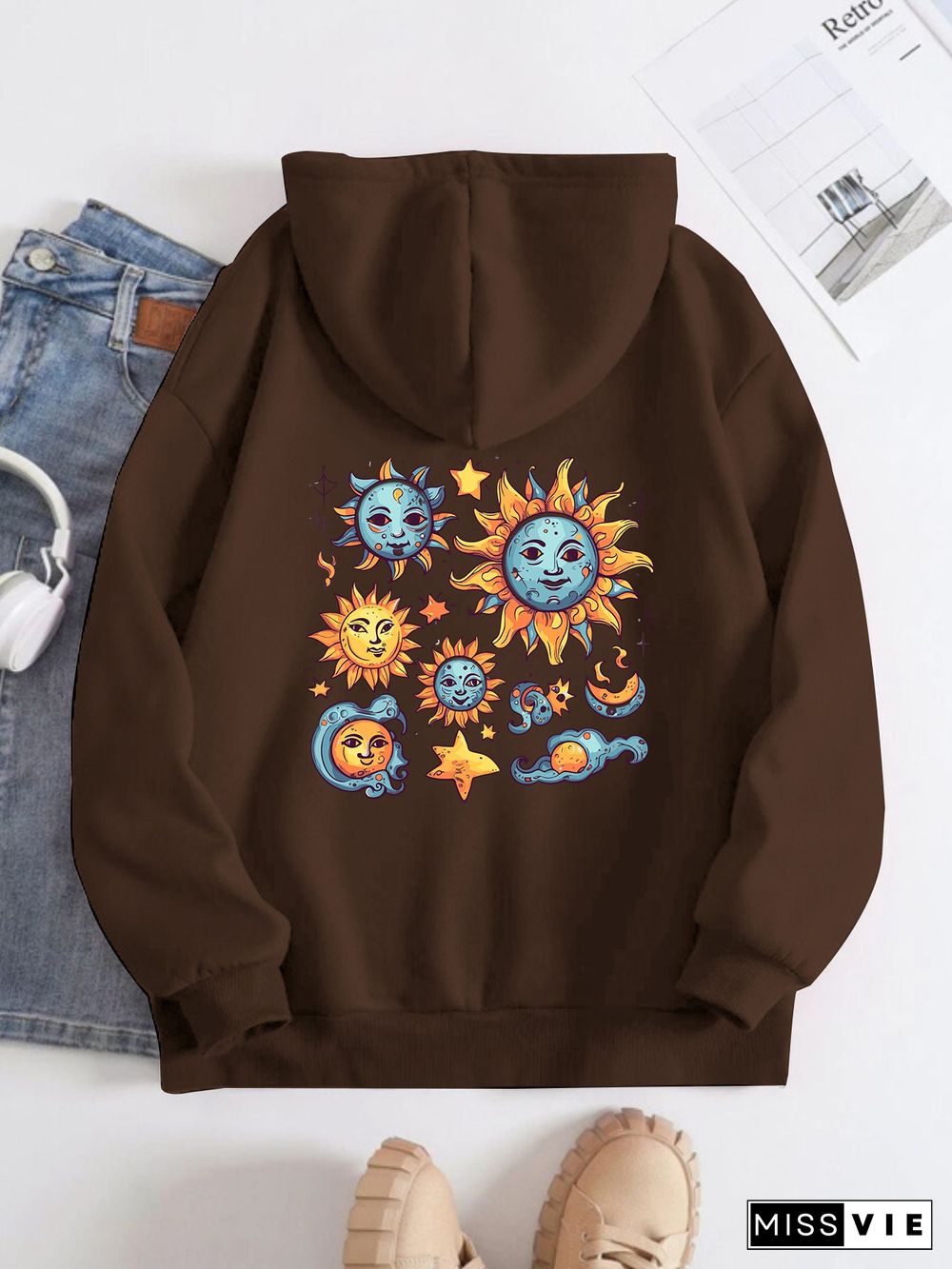 Printed on the Back Kangaroo Pocket Hoodie Long Sleeve for Women Pattern Sun and Moon Painting