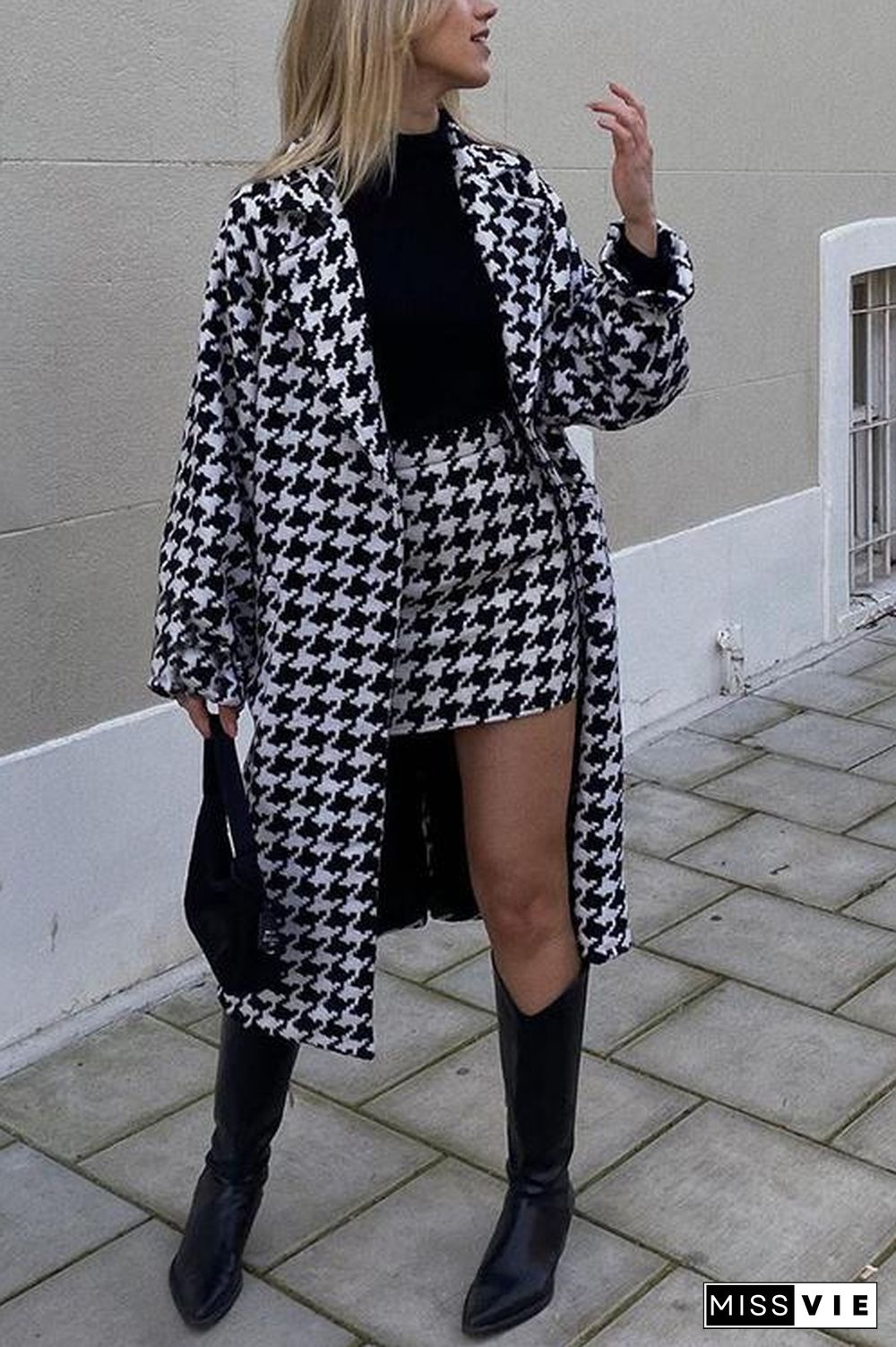 Houndstooth Lapel Woolen Coat