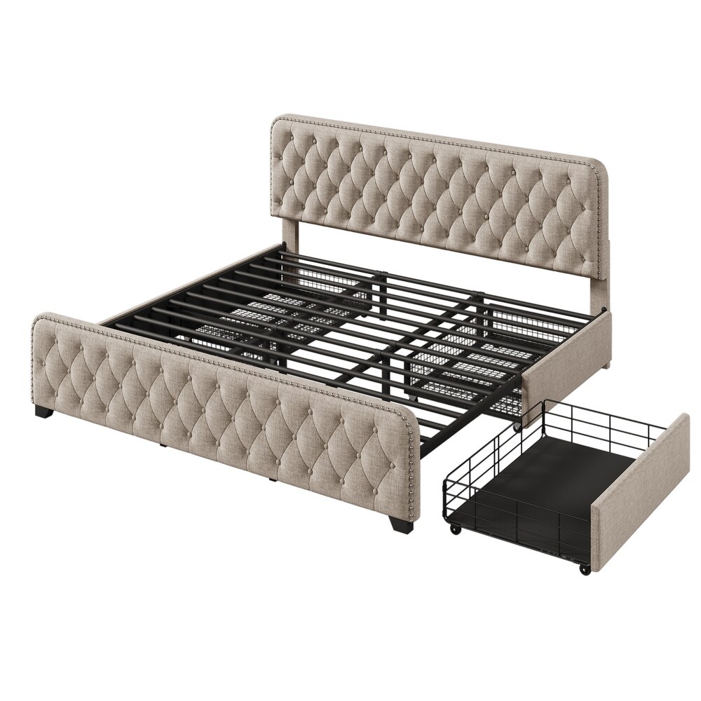 Upholstered Platform Bed Frame with Four Drawers Tufted Headboard and Footboard