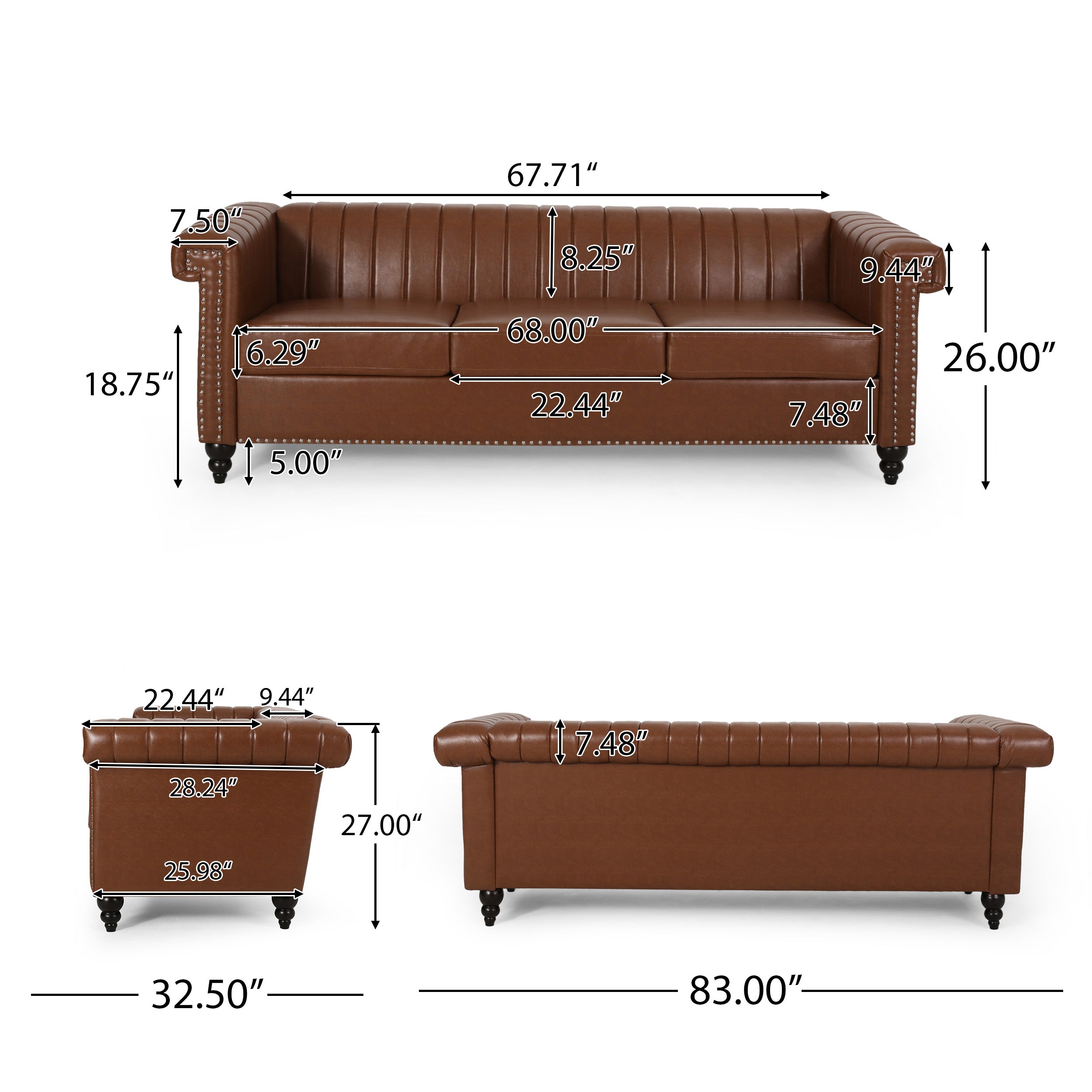 Donley Contemporary Channel Stitch 3 Seater Sofa with Nailhead Trim