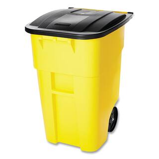 Rubbermaid Commercial Products Brute 50 Gal. Yellow Plastic Square Rollout Trash Can with Lid RCP9W27YEL