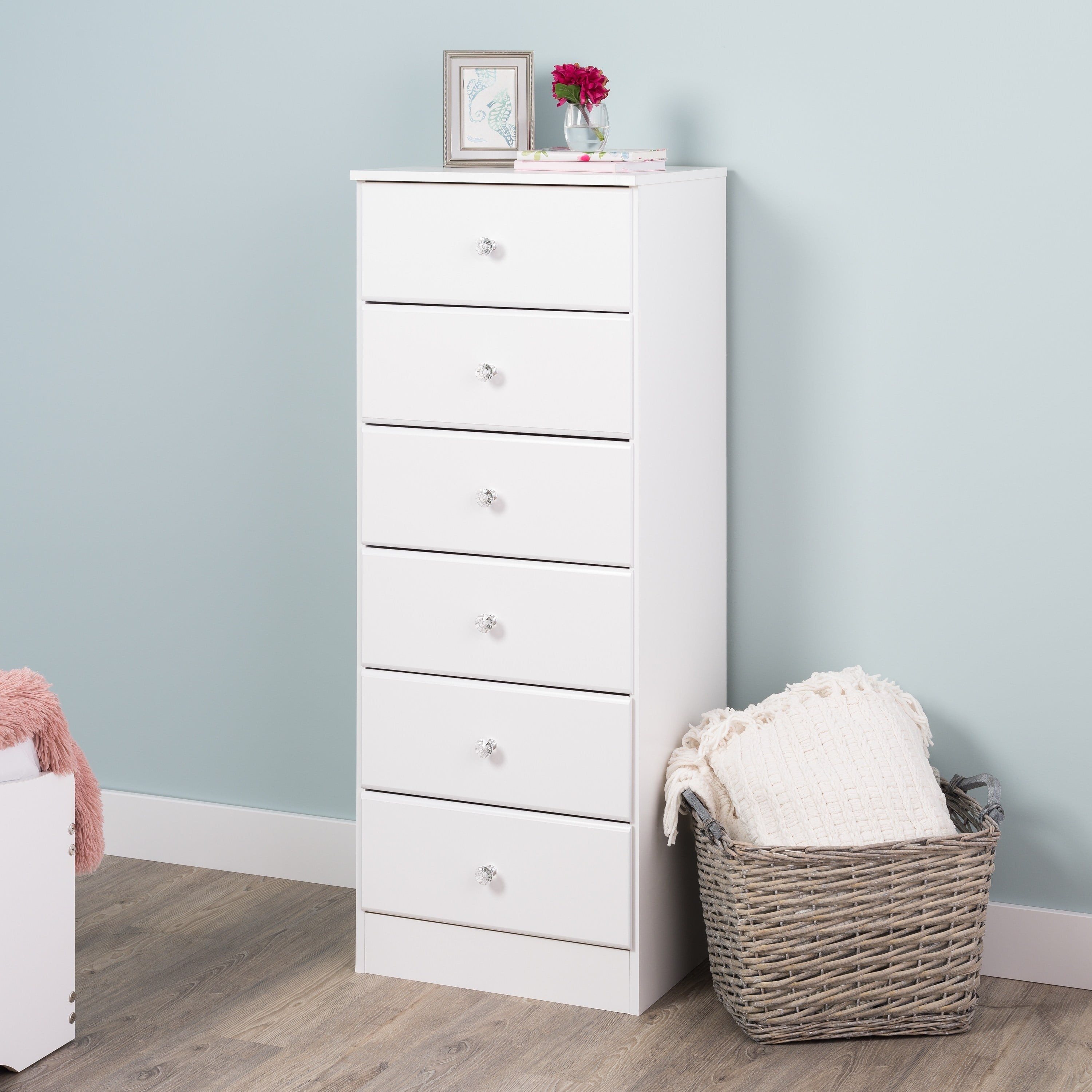 Prepac Astrid 6 Drawer Tall Dresser with Acrylic Knobs, White