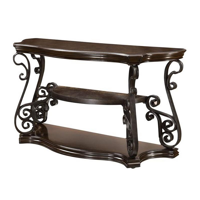 Traditional Solid Sofa Table With Glass Inset， Metal Scrolls and 2 Shelves， Brown