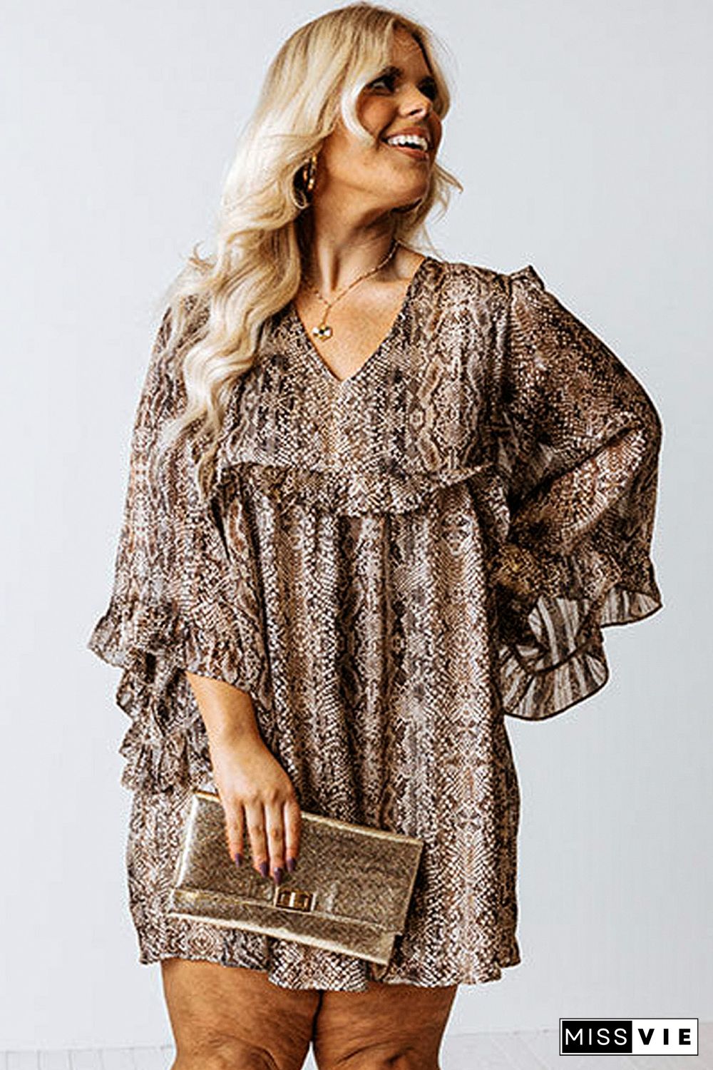 Brown Snake Print Crinkle Plus Size Dress