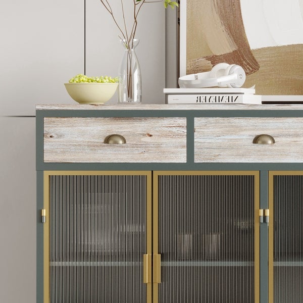 4 Glass Doors Modern Sideboard with 3 Top Drawers， Freestanding Sideboard