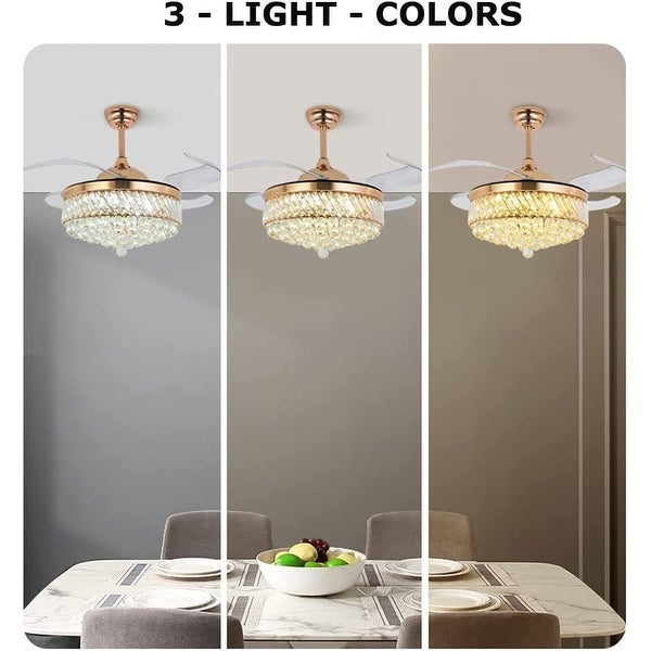 Crystal Ceiling Fan with Light Remote Control Chandelier Retractable Fandelier， Luxury 3 Color Lighting for Dining Room Shopping - The Best Deals on Ceiling Fans | 41540798