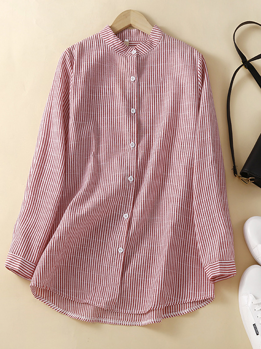 Casual Striped Stand Collar Long Sleeve Shirt