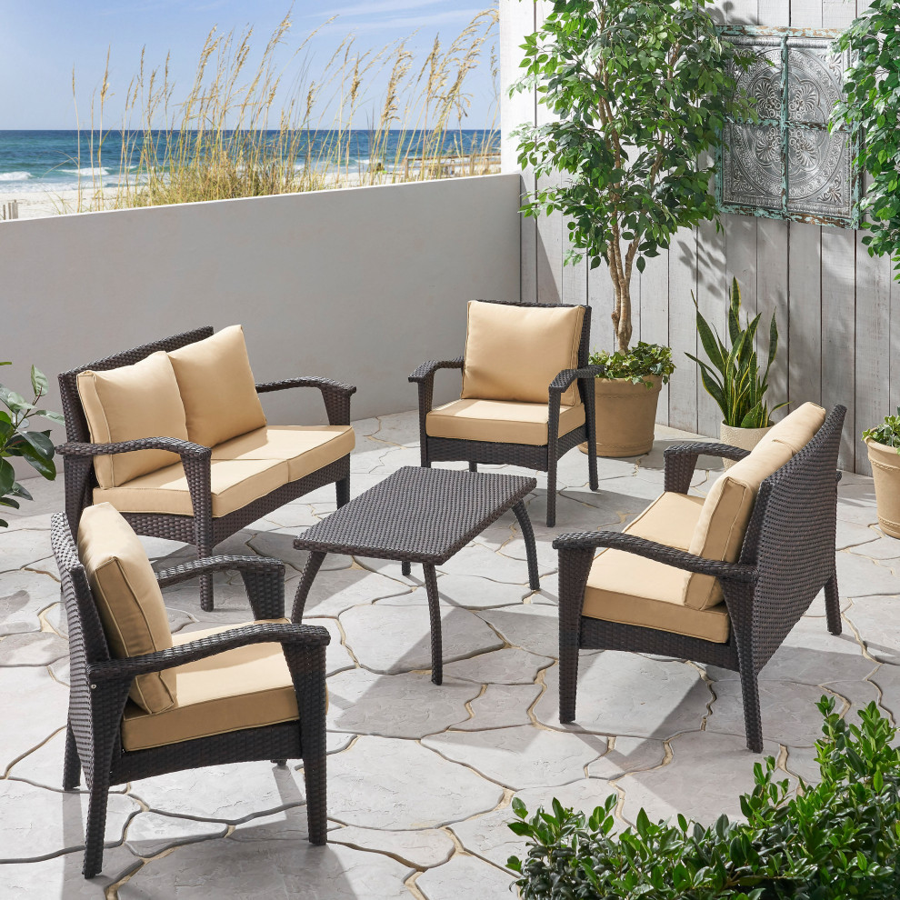 Belle Outdoor 6 Seater Wicker Chat Set With Cushions   Tropical   Outdoor Lounge Sets   by GDFStudio  Houzz