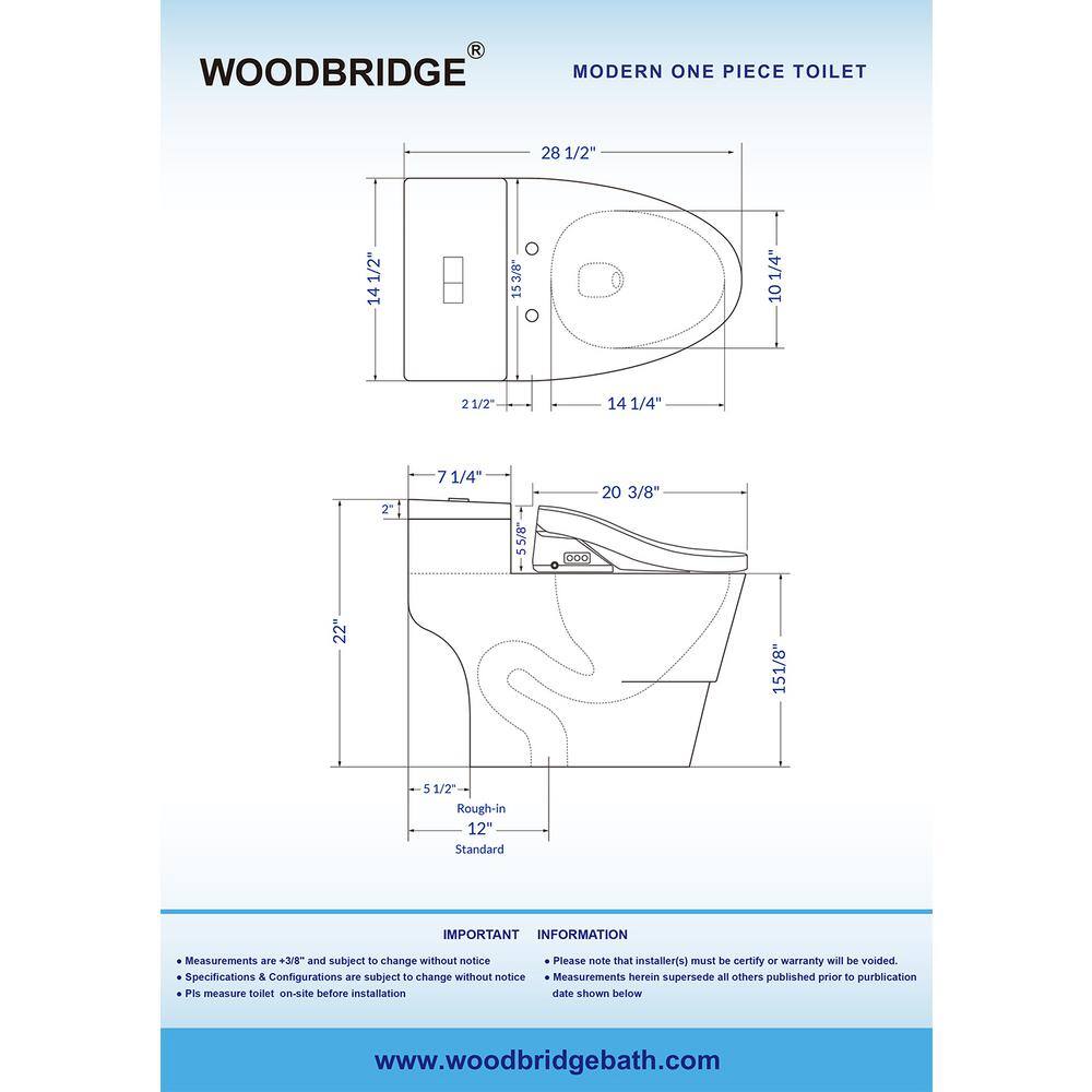 WOODBRIDGE Revel One Piece 1.1GPF1.6 GPF Dual Flush Elongated Toilet with Advance Smart Bidet Toilet in White HT737