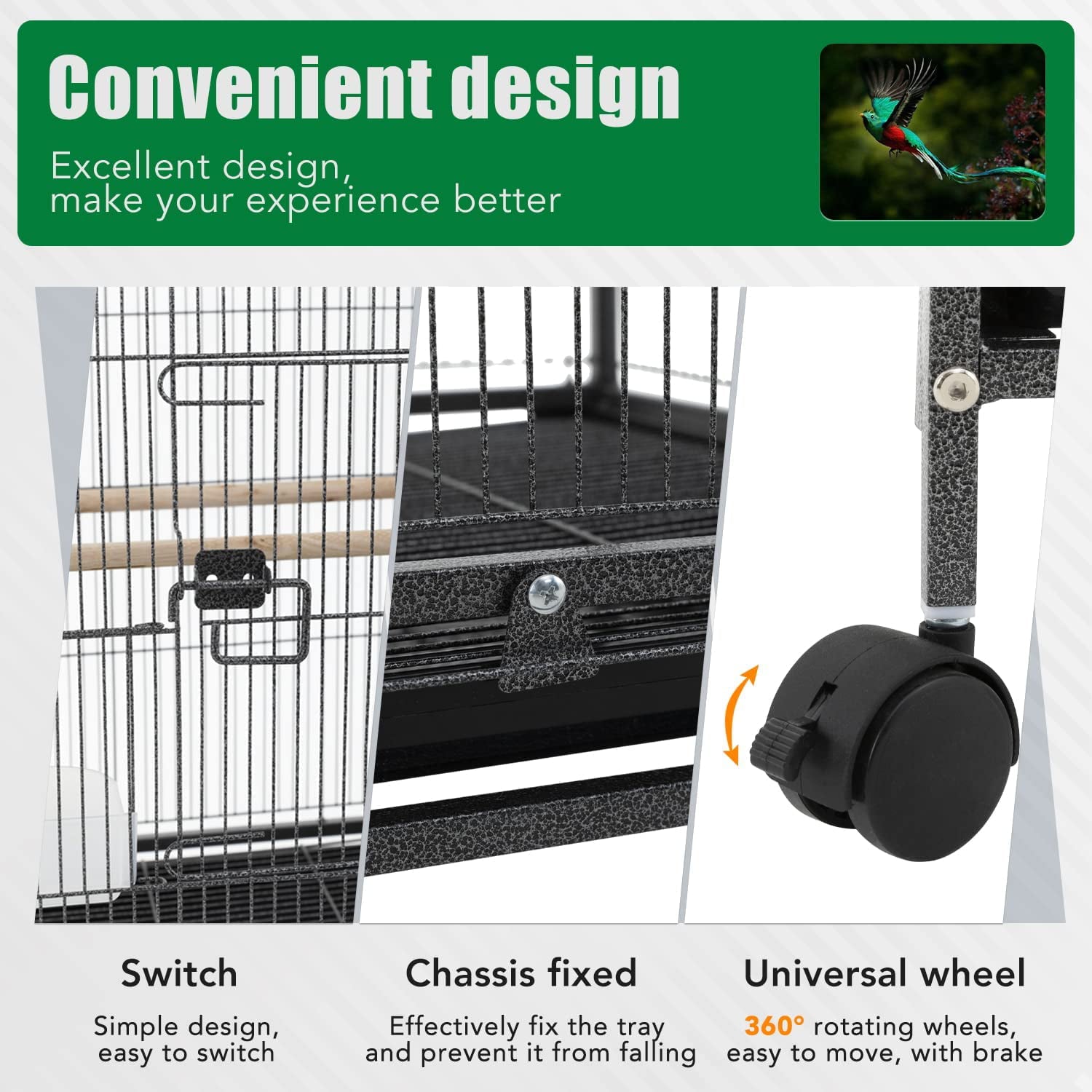 BestPet 35-Inch Wrought Iron Bird Cage with Play Open Top and Rolling Stand，Black