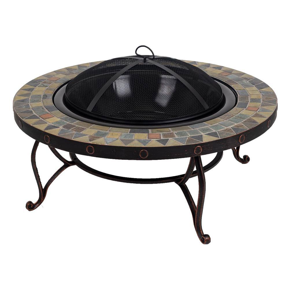 Pleasant Hearth Juniper Slate Top 34 in. W x 19.6 in. H Round Steel Wood Burning Rubbed Bronze Fire Pit OFW707RI