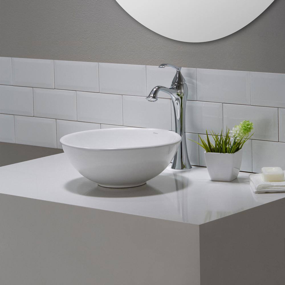 KRAUS Elavo Small Round Ceramic Vessel Bathroom Sink in White KCV-341