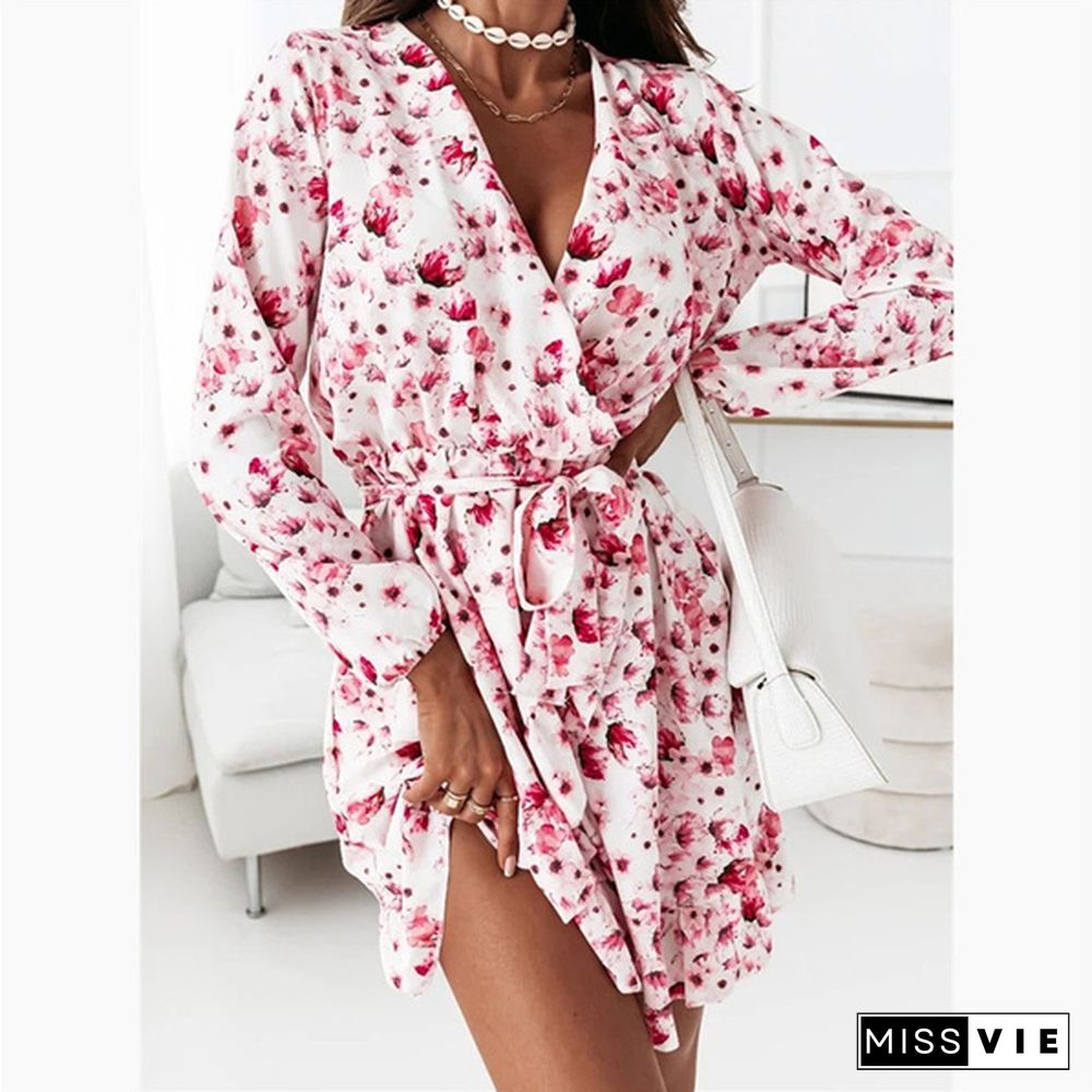 Fall Fashion Floral Print V-neck Long Sleeve Slim Mini Dress Ladies Elegant Vestidos