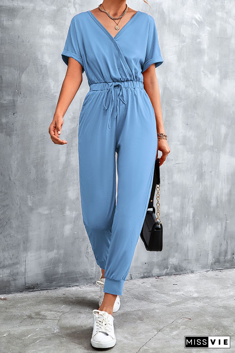 Solid Short Sleeve Drawstring Waist Jumpsuit Wholesale