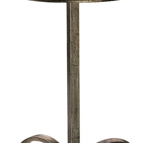 22 Inch Accent Side Table， Round Marble Top， Curved Metal Tripod Base， Gray