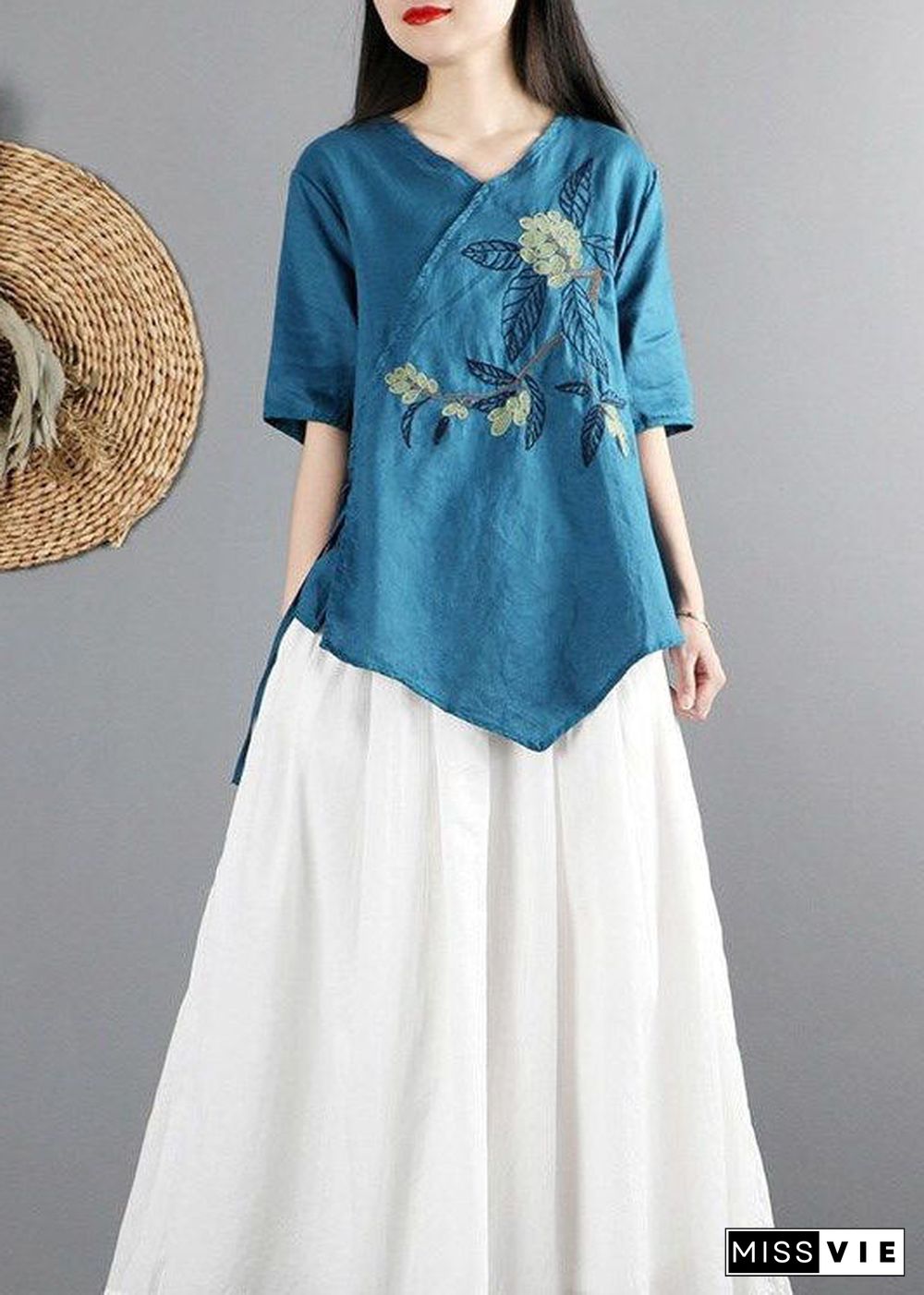 Peacock Blue Cotton Shirt Tops V Neck Tie Waist Short Sleeve