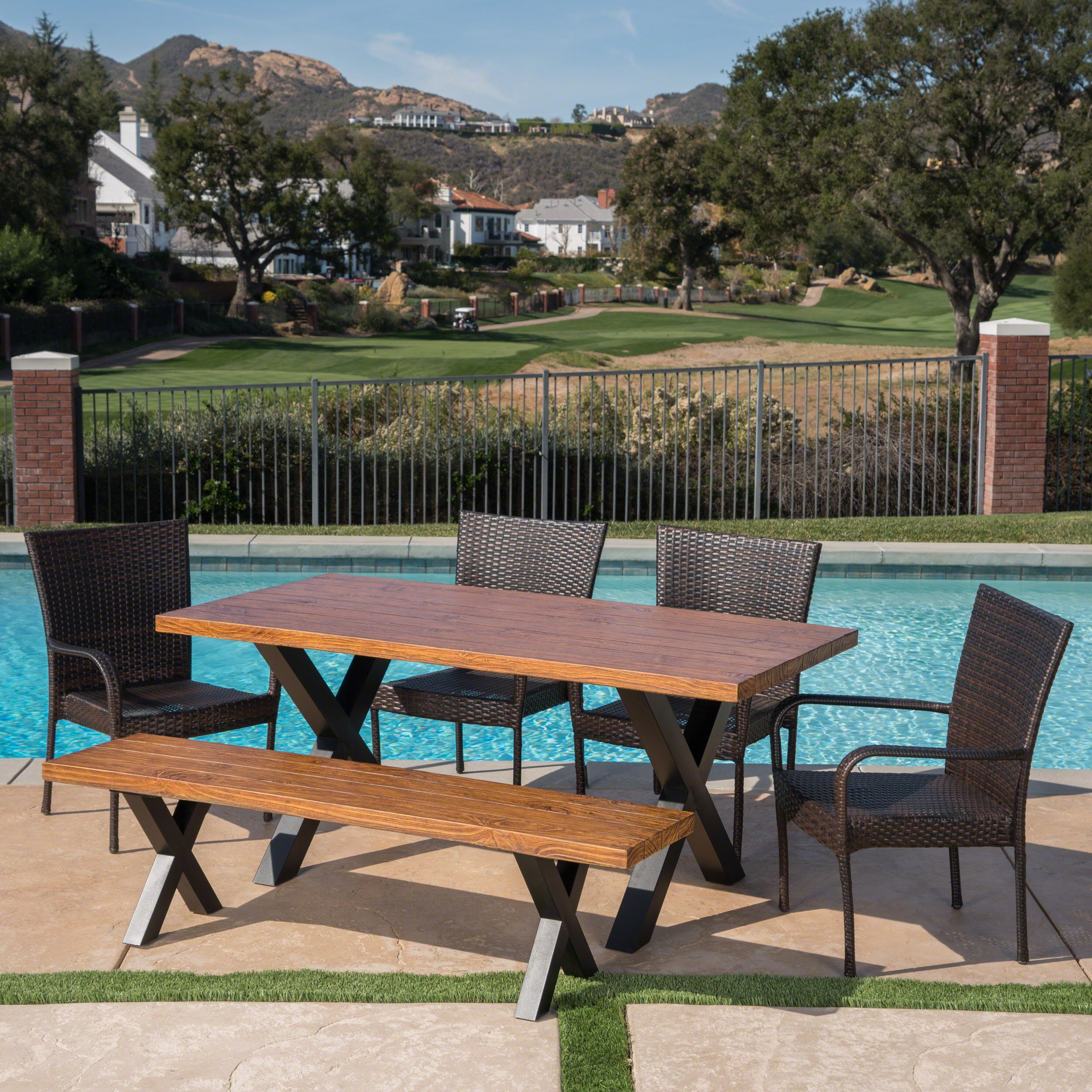 Amaryllis Outdoor 6 Piece Wicker Dining Set with Concrete Table and Bench