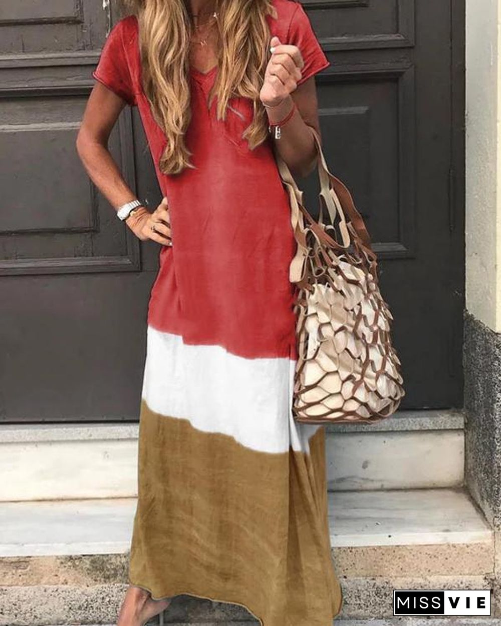 V Neck Casual Short Sleeve Maxi Dresses