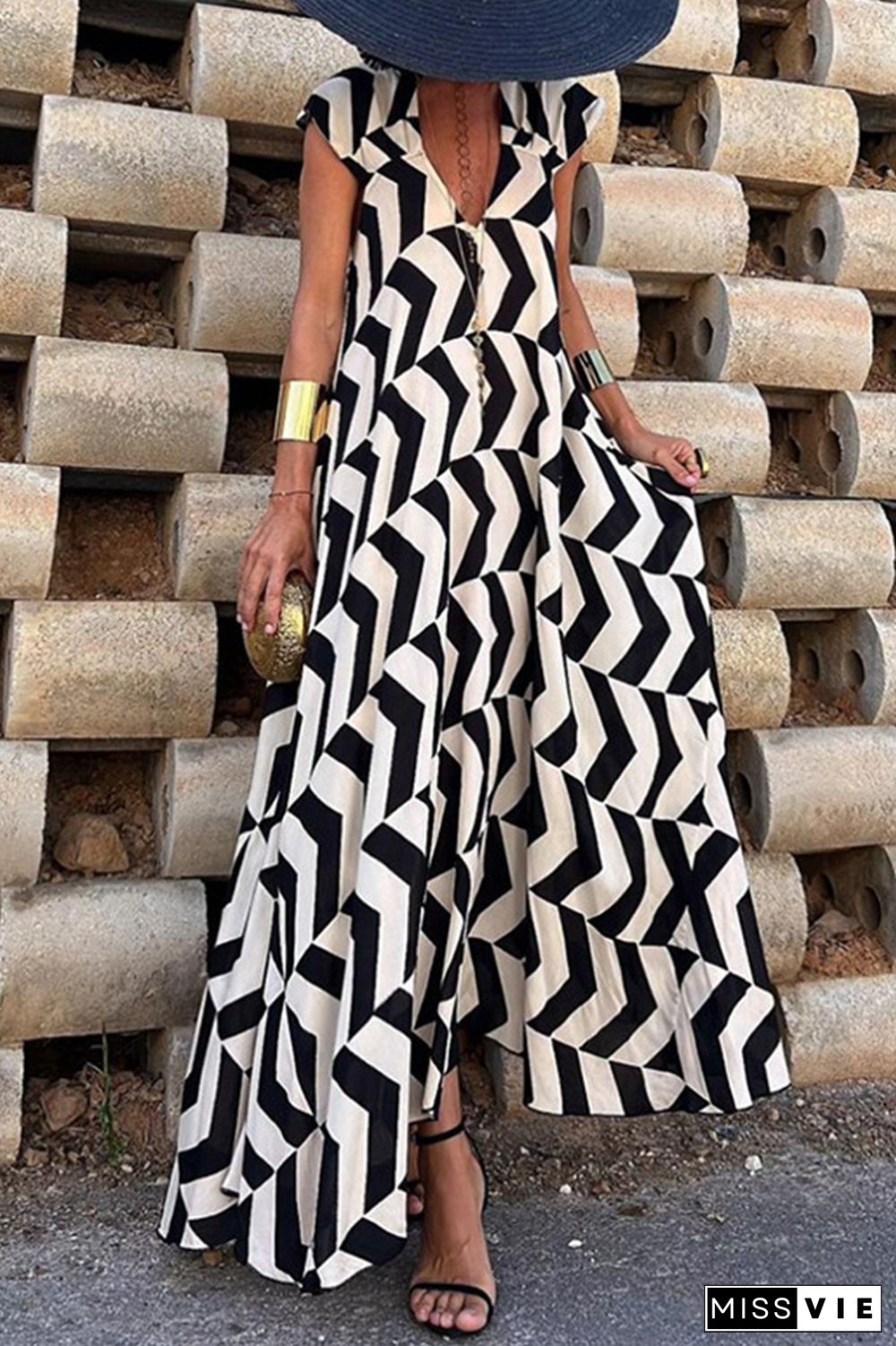 Casual Vintage Geometric Print Ripple Backless Asymmetrical V Neck Printed Dresses